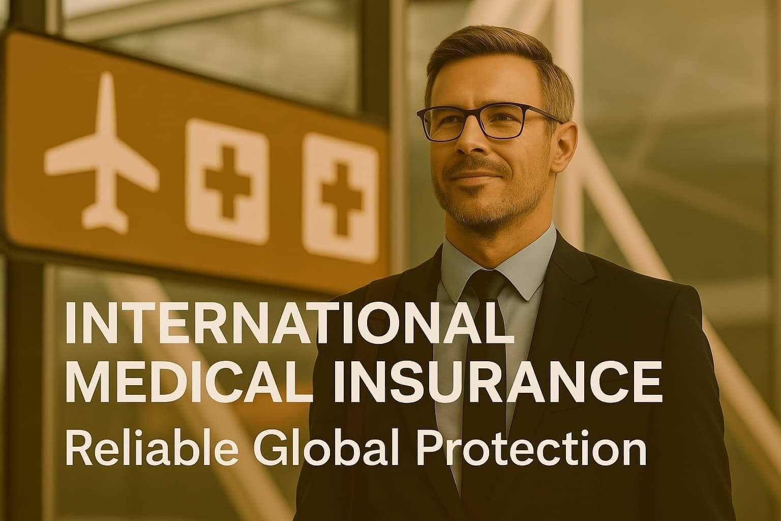 Confident businessman in suit standing in airport terminal with international medical insurance title promoting global health protection for expats.