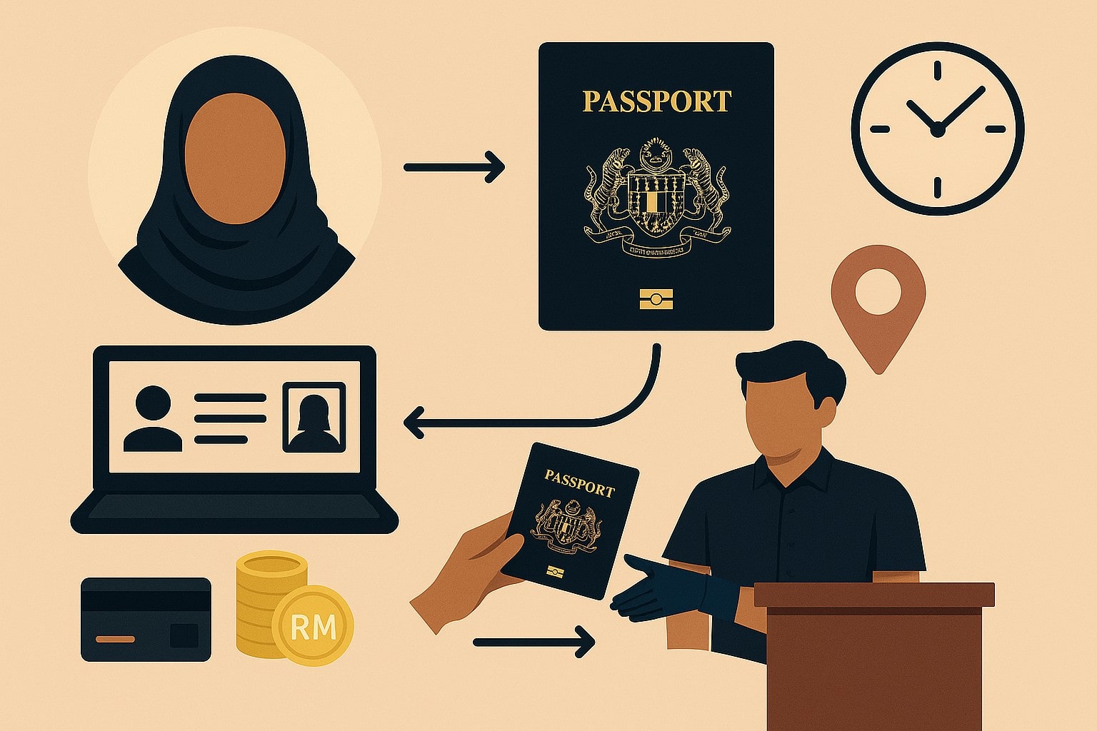Infographic showing the steps for renewing a Malaysian passport online, including photo upload, payment, and passport collection.