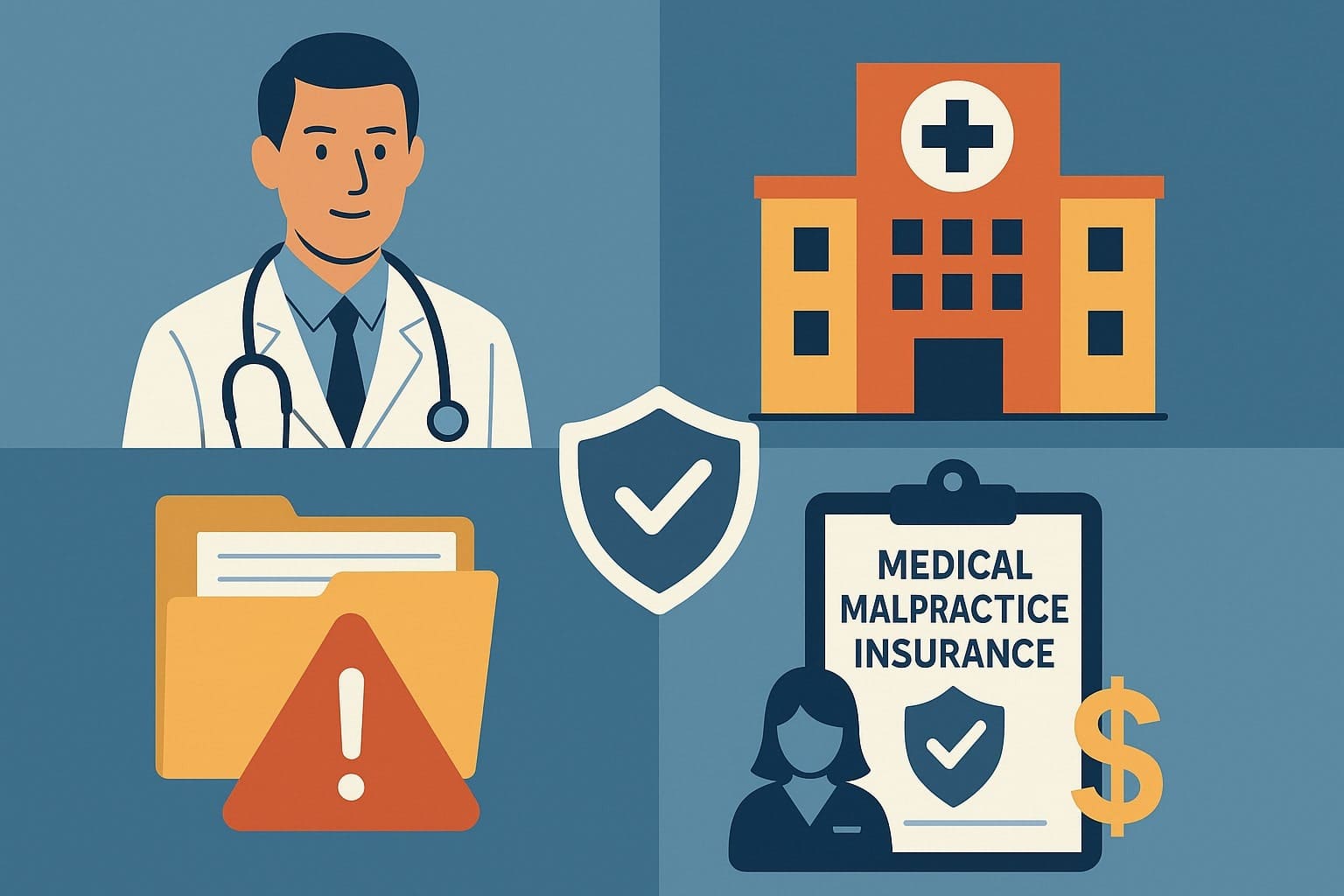 Illustration showing a doctor, hospital, legal warning, and medical malpractice insurance document representing medical malpractice insurance in Malaysia