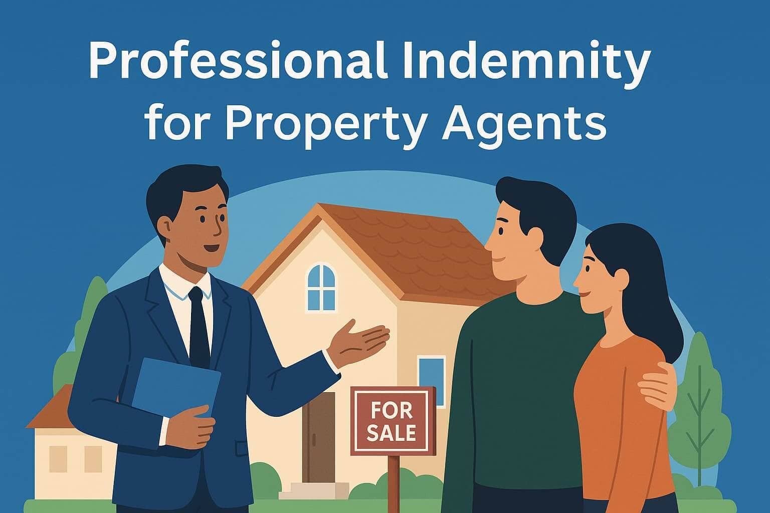 Illustration of a property agent showing a house to a couple with a for sale sign, representing professional indemnity coverage.