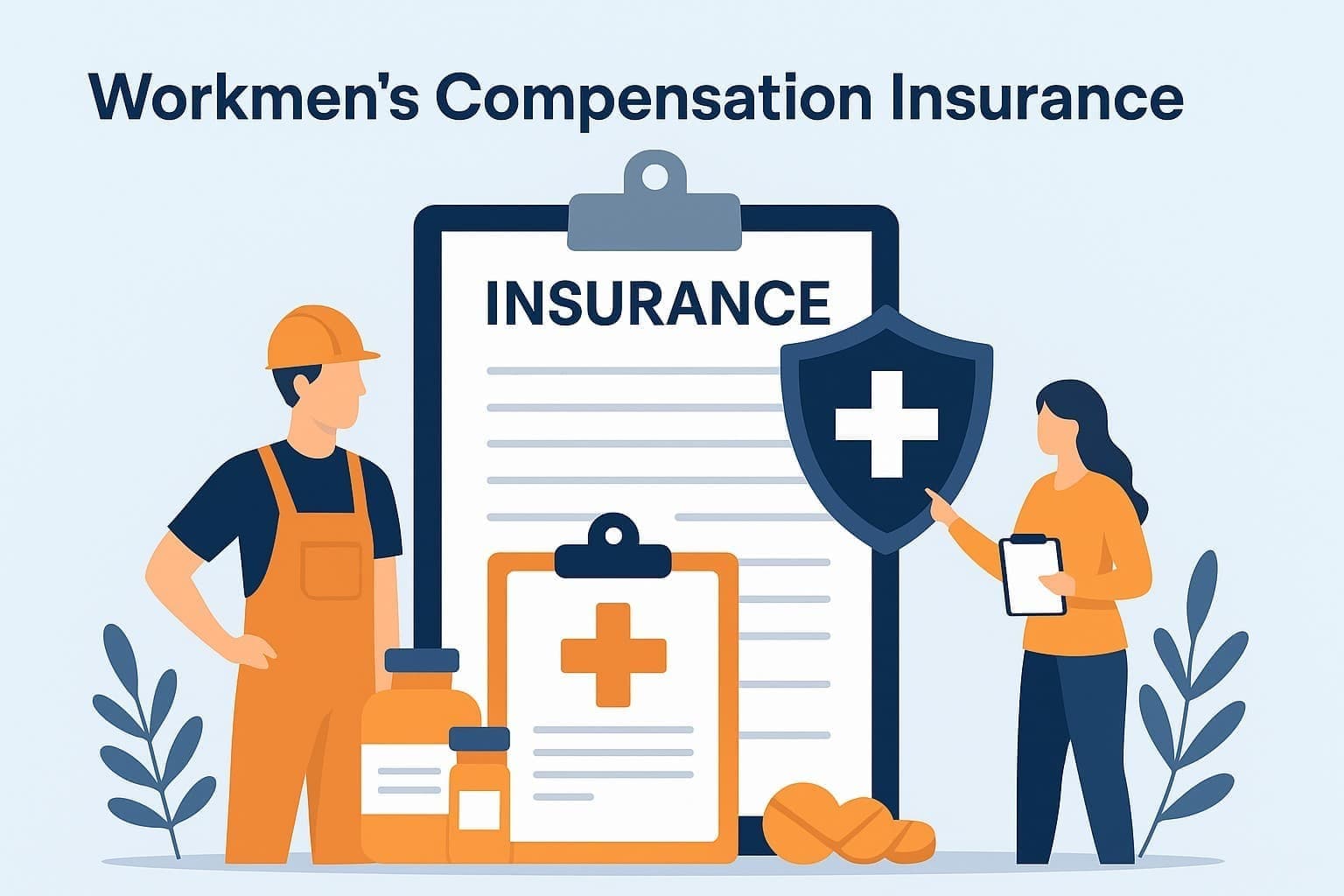 Illustration of Workmen’s Compensation Insurance with a construction worker, clipboard, and shield symbolizing protection in a workplace setting.