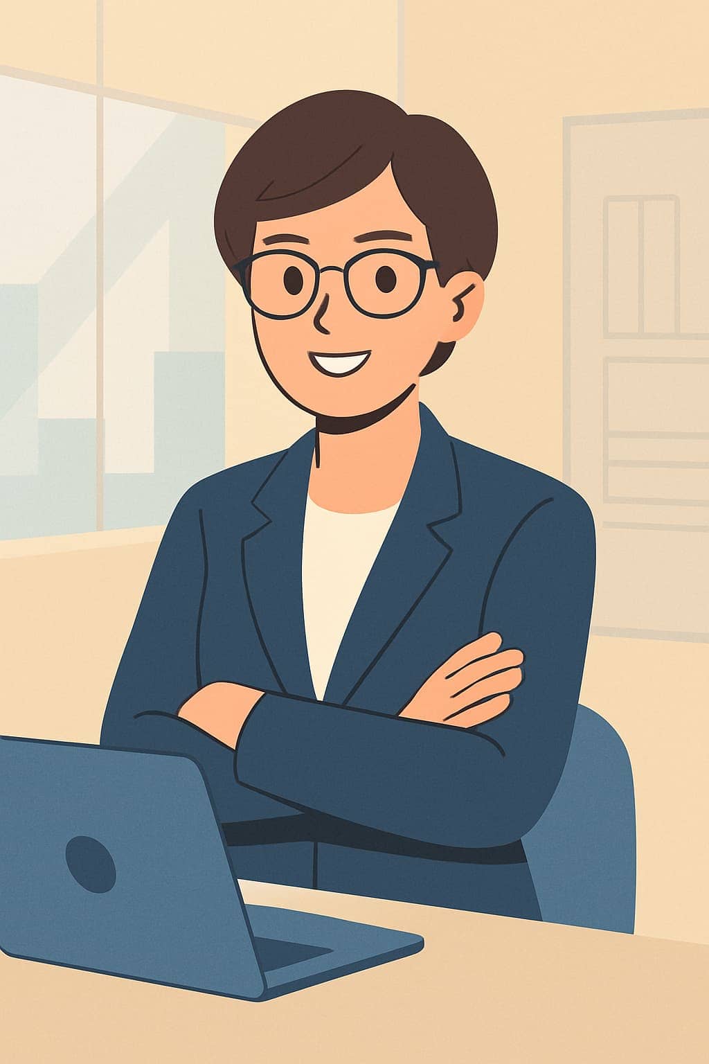 Ilustrasi penasihat kewangan-insurans Ilustrasi penasihat kewangan wanita yang yakin, berambut pendek dan berkaca mata, duduk di meja dengan komputer riba dalam suasana pejabat profesional.