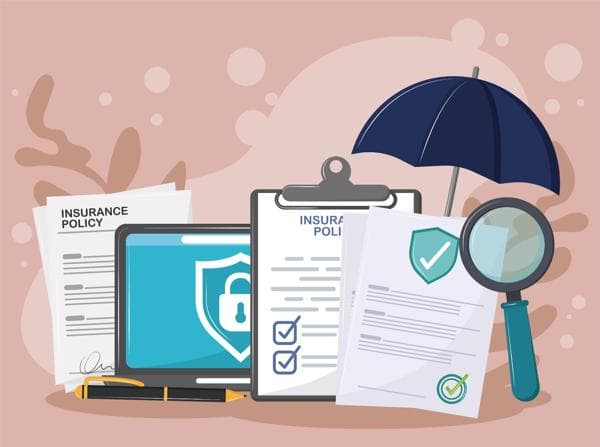 Illustration of insurance policies, checklist forms, umbrella, magnifying glass, and shield symbol representing insurance planning and document review