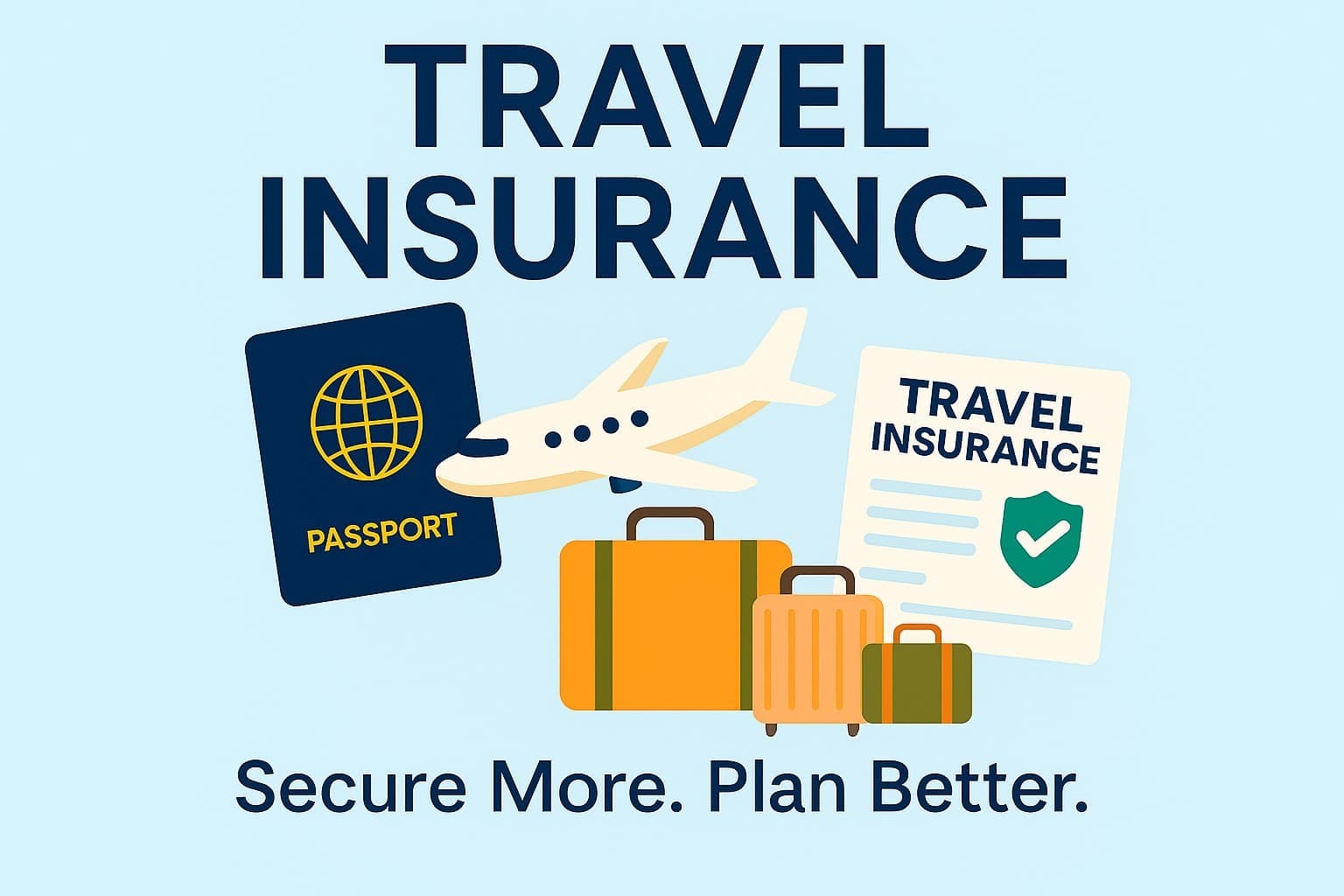 Illustration of travel insurance Malaysia essentials including passport, airplane, luggage, and policy document for travel