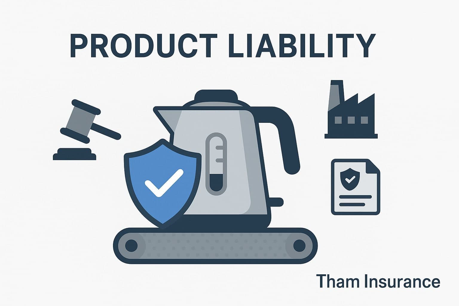 Illustration of product liability concept showing an electric kettle on a conveyor belt with a protective shield, representing manufacturing risk coverage in Malaysia.